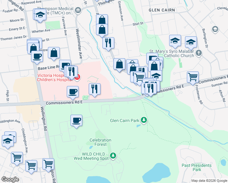 map of restaurants, bars, coffee shops, grocery stores, and more near 854 Commissioners Road East in London