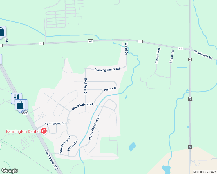 map of restaurants, bars, coffee shops, grocery stores, and more near 5745 Dalton Drive in Farmington