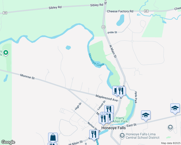 map of restaurants, bars, coffee shops, grocery stores, and more near 53 Maplewood Avenue in Honeoye Falls