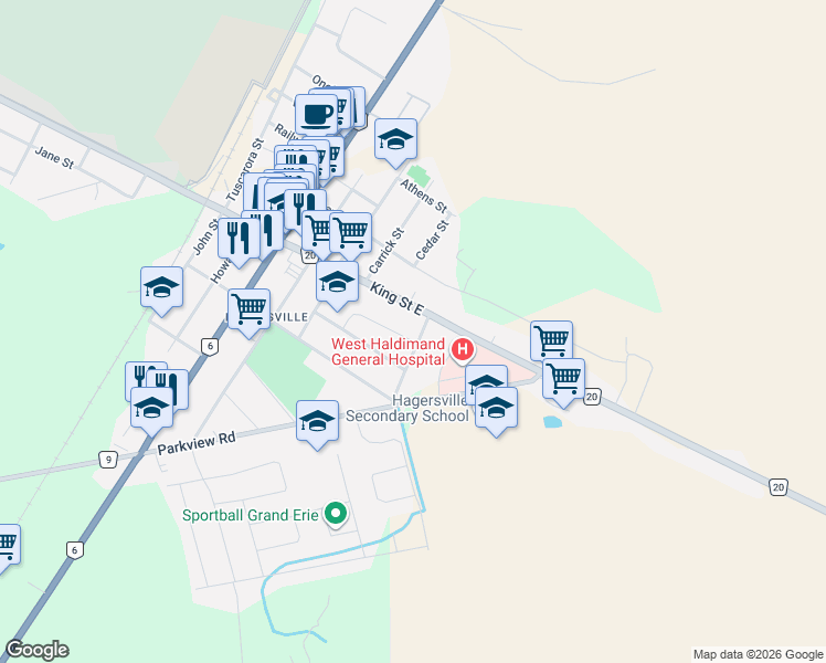 map of restaurants, bars, coffee shops, grocery stores, and more near 17 Farfield Drive in Haldimand