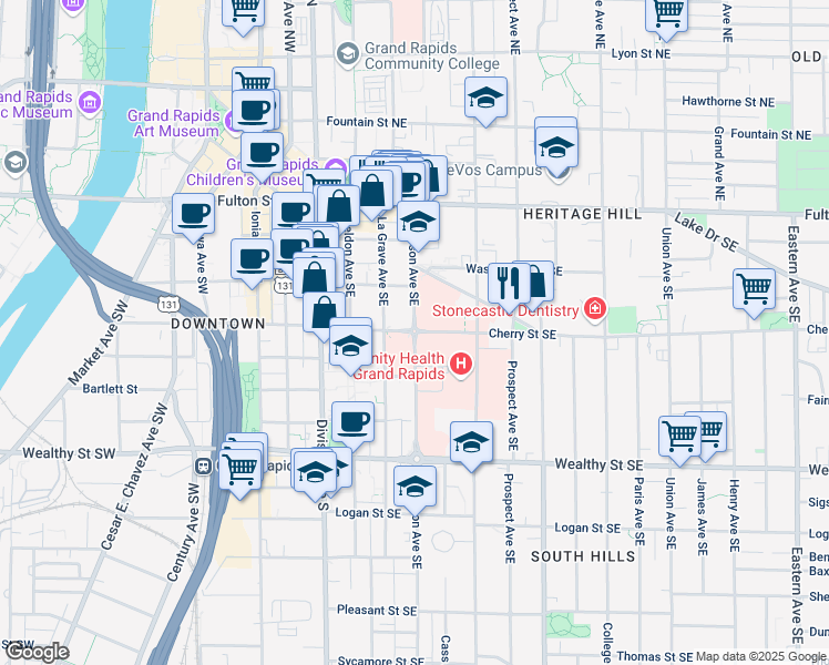 map of restaurants, bars, coffee shops, grocery stores, and more near 200 Jefferson Avenue Southeast in Grand Rapids