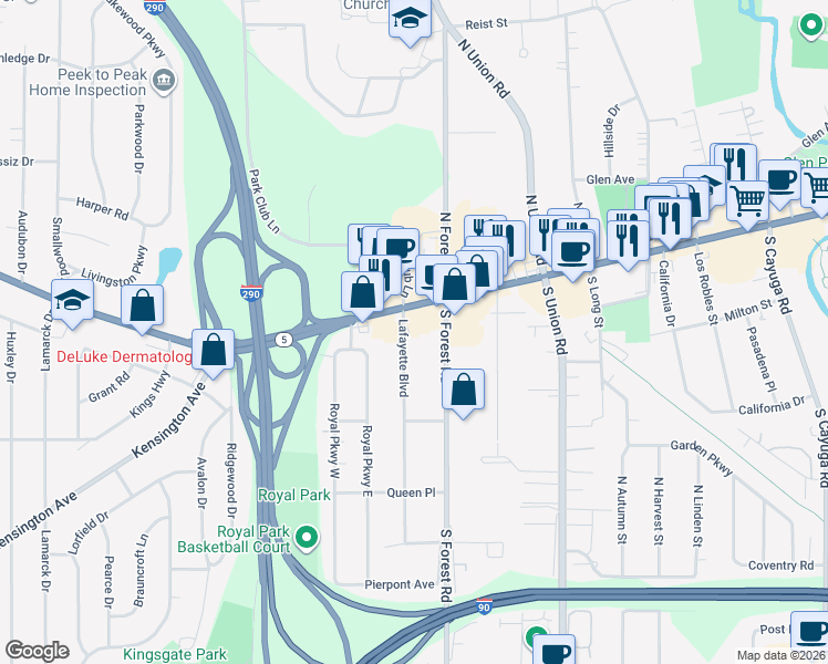 map of restaurants, bars, coffee shops, grocery stores, and more near 22 Lafayette Boulevard in Williamsville