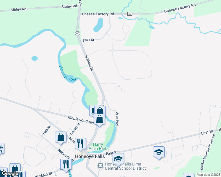 map of restaurants, bars, coffee shops, grocery stores, and more near 14 Village Trail in Honeoye Falls