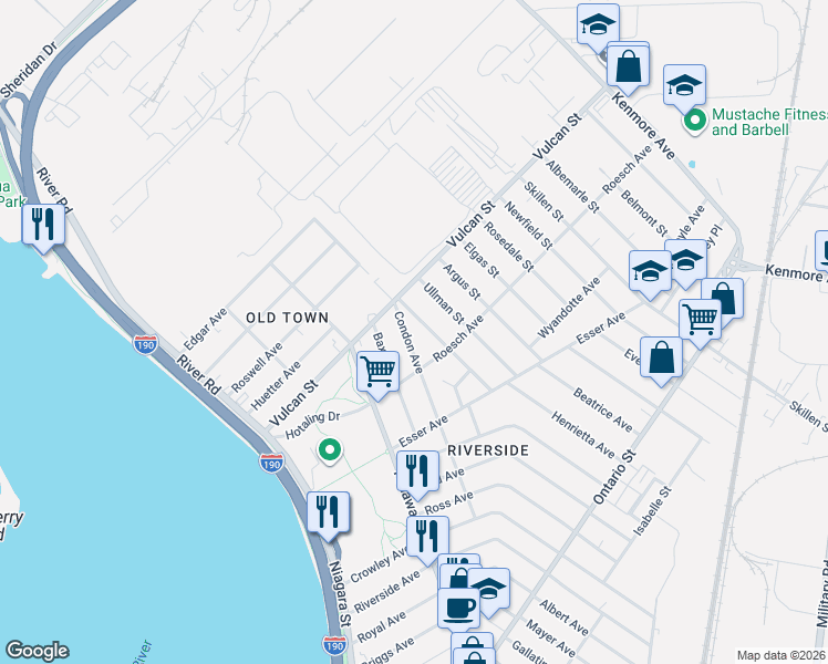 map of restaurants, bars, coffee shops, grocery stores, and more near 105 Eckhert Street in Buffalo