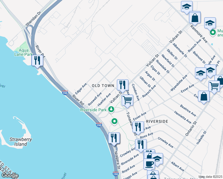 map of restaurants, bars, coffee shops, grocery stores, and more near 1200 Tonawanda Street in Buffalo