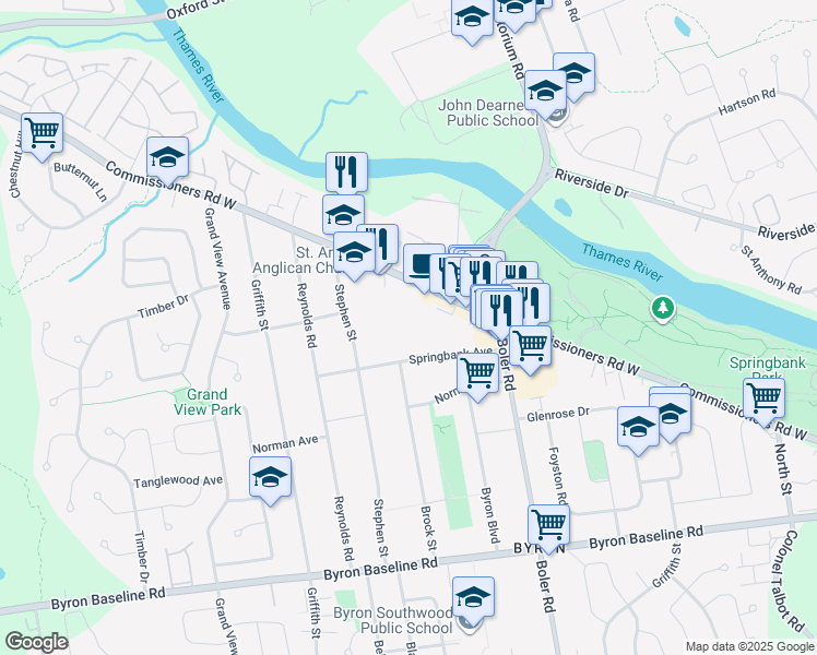 map of restaurants, bars, coffee shops, grocery stores, and more near 1328 Commissioners Road West in London