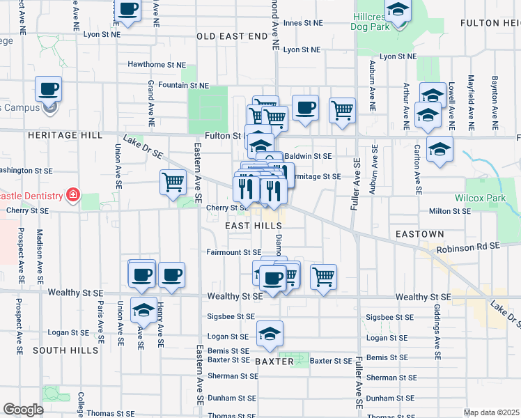 map of restaurants, bars, coffee shops, grocery stores, and more near 951 Cherry Street Southeast in Grand Rapids