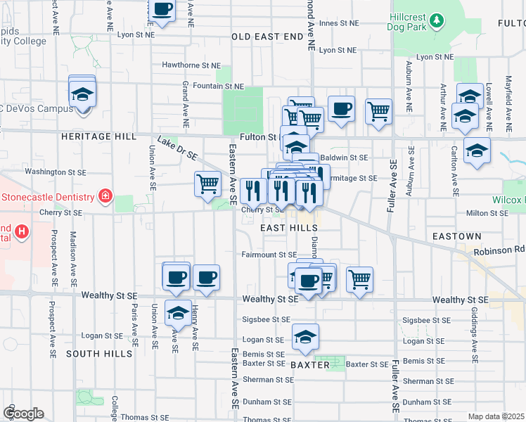 map of restaurants, bars, coffee shops, grocery stores, and more near 912 Lake Drive Southeast in Grand Rapids