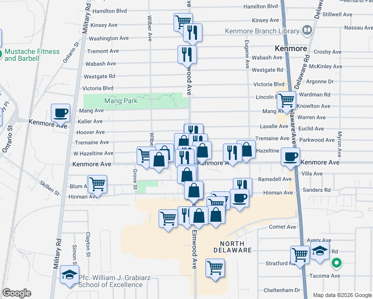 map of restaurants, bars, coffee shops, grocery stores, and more near 250 Tremaine Avenue in Kenmore