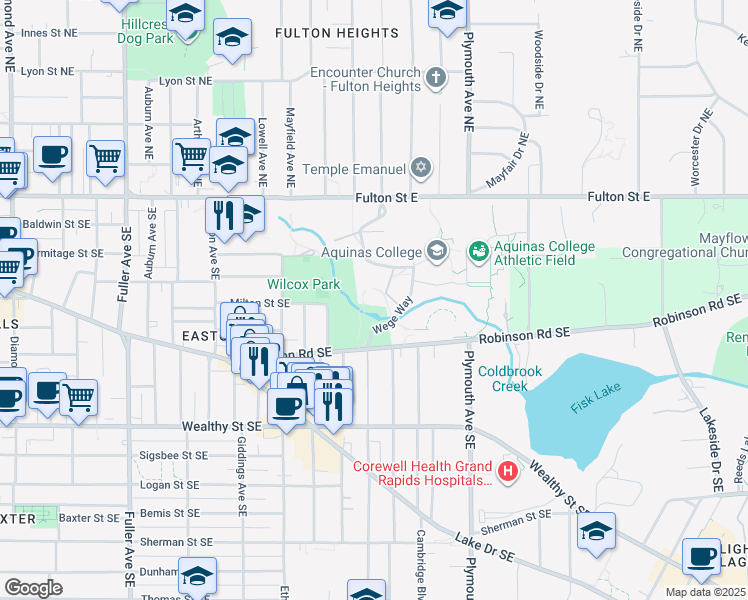 map of restaurants, bars, coffee shops, grocery stores, and more near 1700 Fulton Street East in Grand Rapids