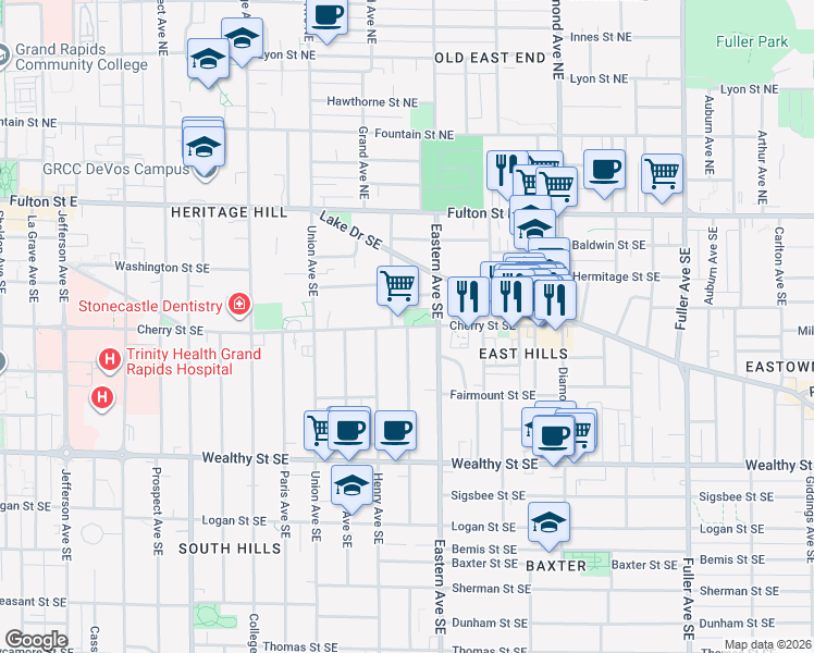 map of restaurants, bars, coffee shops, grocery stores, and more near Cherry St SE & Charles Ave SE in Grand Rapids