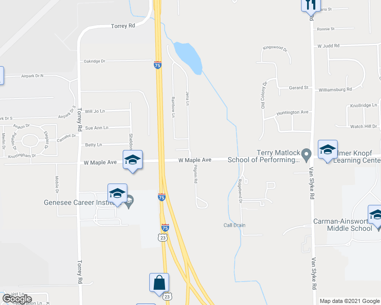 map of restaurants, bars, coffee shops, grocery stores, and more near 4431 Jena Lane in Flint