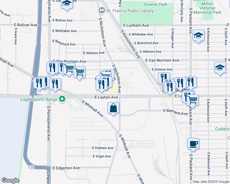 map of restaurants, bars, coffee shops, grocery stores, and more near in Cudahy