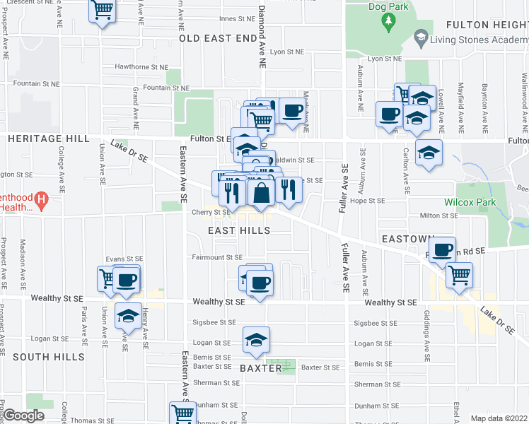 map of restaurants, bars, coffee shops, grocery stores, and more near Cherry Street Southeast & Diamond Avenue Southeast in Grand Rapids