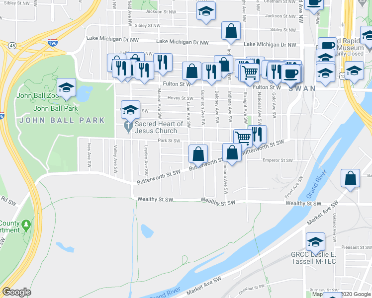 map of restaurants, bars, coffee shops, grocery stores, and more near 215 Lane Avenue Southwest in Grand Rapids