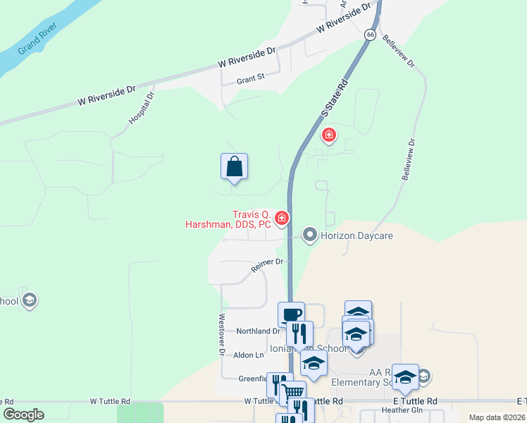 map of restaurants, bars, coffee shops, grocery stores, and more near 1958 Timber Ridge Court in Ionia