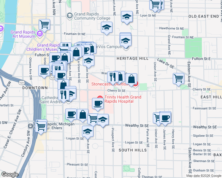 map of restaurants, bars, coffee shops, grocery stores, and more near 340 State Street Southeast in Grand Rapids