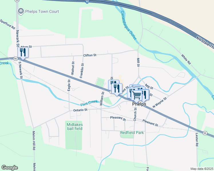map of restaurants, bars, coffee shops, grocery stores, and more near 144 Main Street in Phelps