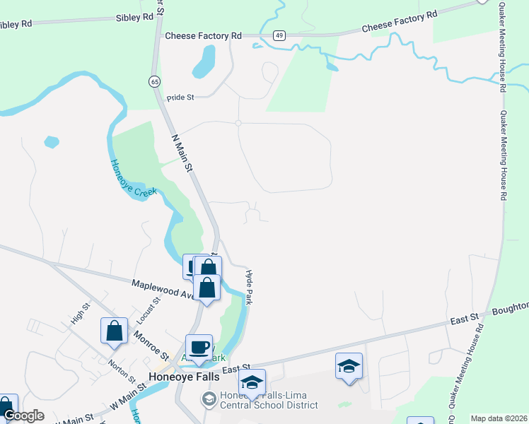 map of restaurants, bars, coffee shops, grocery stores, and more near 75 Village Trail in Honeoye Falls
