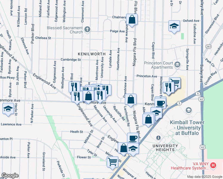 map of restaurants, bars, coffee shops, grocery stores, and more near 60 Hawthorne Avenue in Buffalo