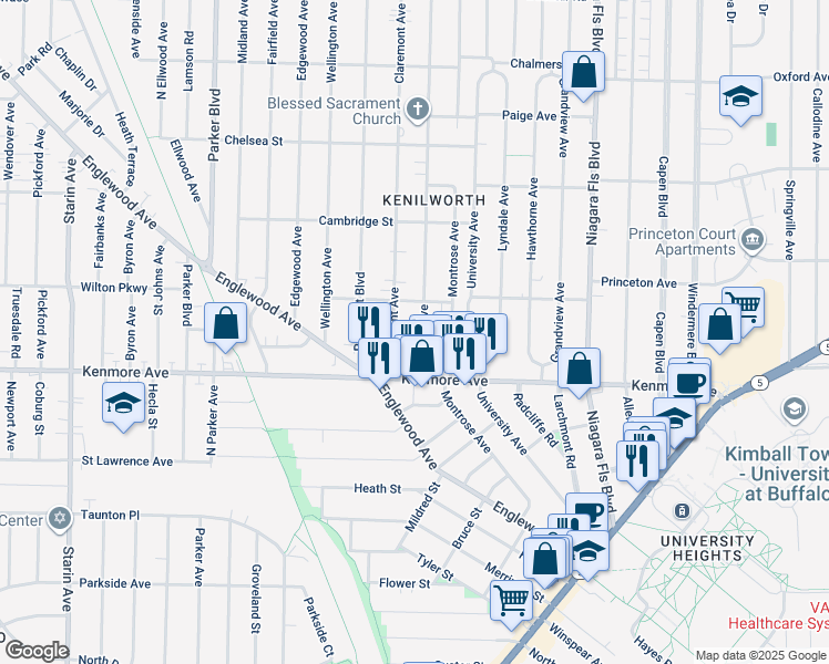 map of restaurants, bars, coffee shops, grocery stores, and more near 59 Claremont Avenue in Buffalo