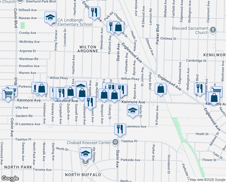 map of restaurants, bars, coffee shops, grocery stores, and more near 49 Pickford Avenue in Buffalo