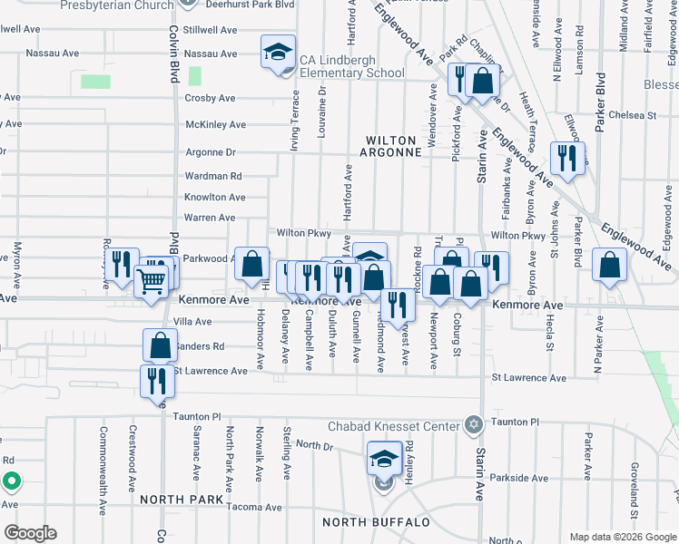 map of restaurants, bars, coffee shops, grocery stores, and more near 52 Hartford Avenue in Buffalo