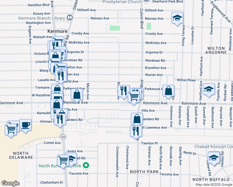 map of restaurants, bars, coffee shops, grocery stores, and more near 191 Parkwood Avenue in Buffalo