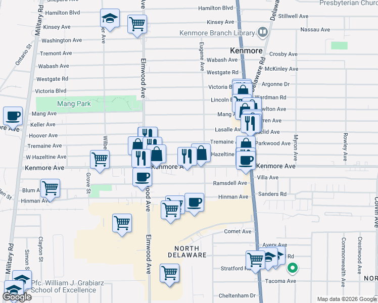 map of restaurants, bars, coffee shops, grocery stores, and more near 126 Tremaine Avenue in Buffalo