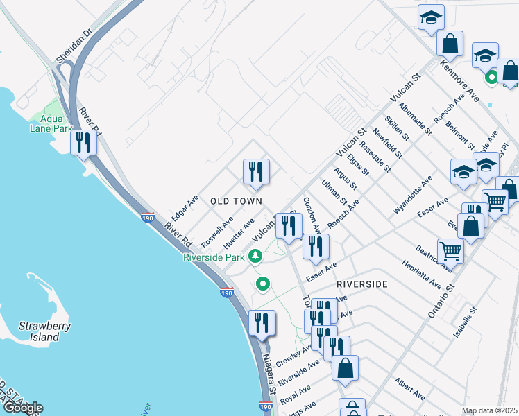 map of restaurants, bars, coffee shops, grocery stores, and more near 1175 Tonawanda Street in Buffalo