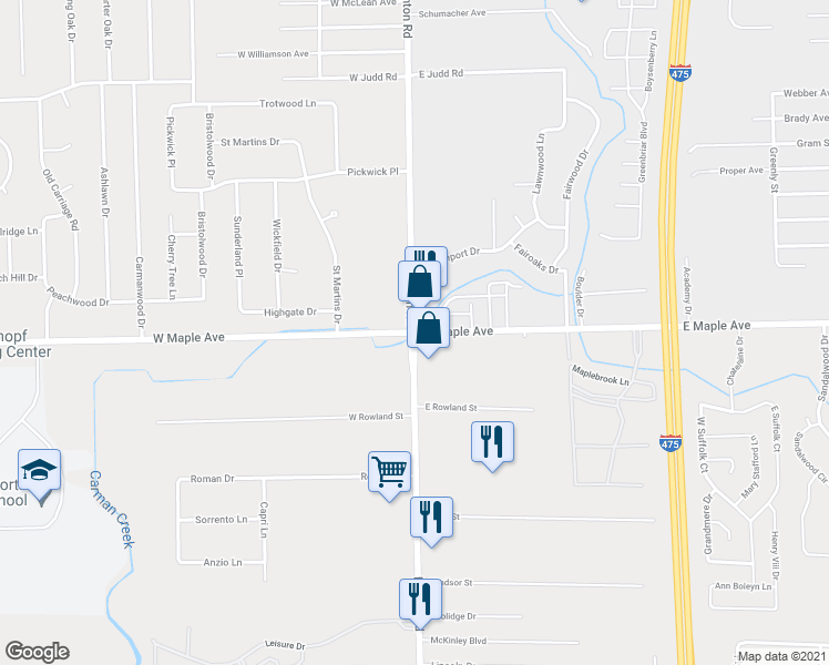 map of restaurants, bars, coffee shops, grocery stores, and more near 4811 Fenton Road in Flint