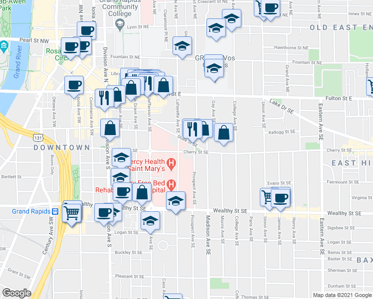 map of restaurants, bars, coffee shops, grocery stores, and more near 340 State Street Southeast in Grand Rapids