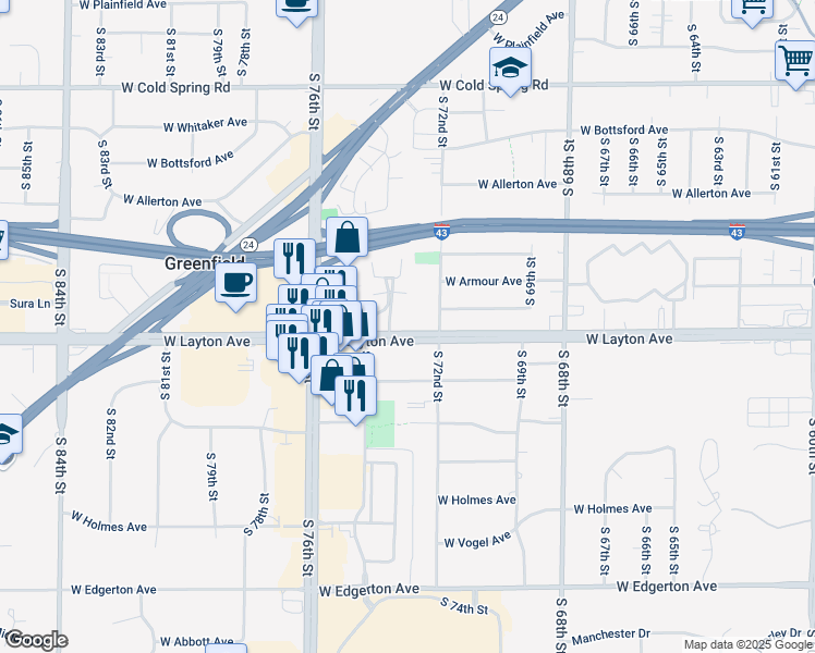 map of restaurants, bars, coffee shops, grocery stores, and more near 7306 West Layton Avenue in Greenfield