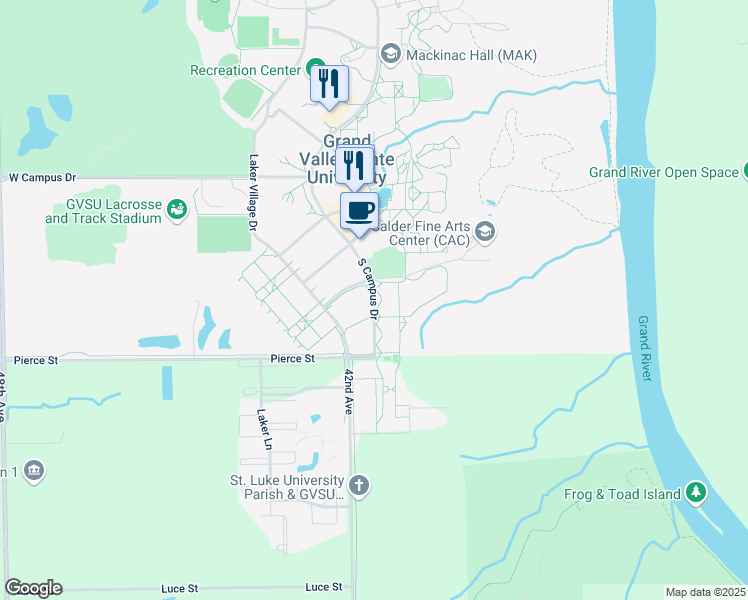 map of restaurants, bars, coffee shops, grocery stores, and more near 3 South Campus Drive in Allendale