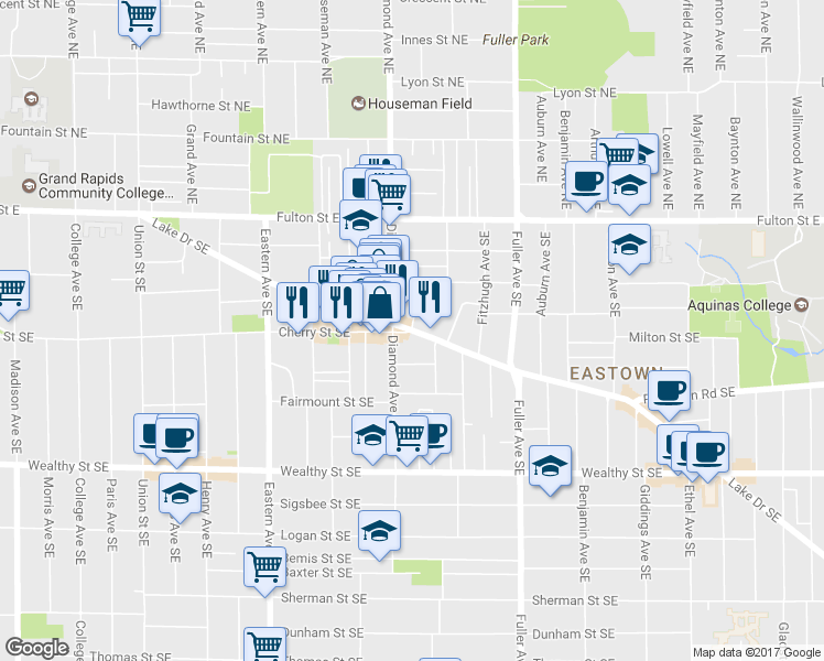 map of restaurants, bars, coffee shops, grocery stores, and more near Lake Dr SE & Paddock Ave SE in Grand Rapids