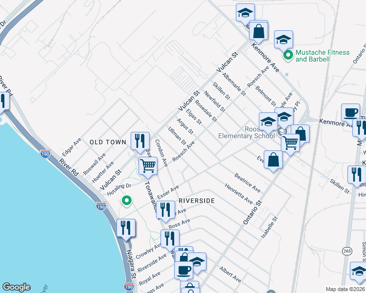 map of restaurants, bars, coffee shops, grocery stores, and more near 85 Ullman Street in Buffalo