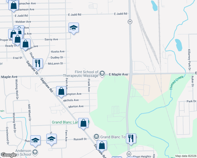 map of restaurants, bars, coffee shops, grocery stores, and more near 2414 East Maple Avenue in Flint