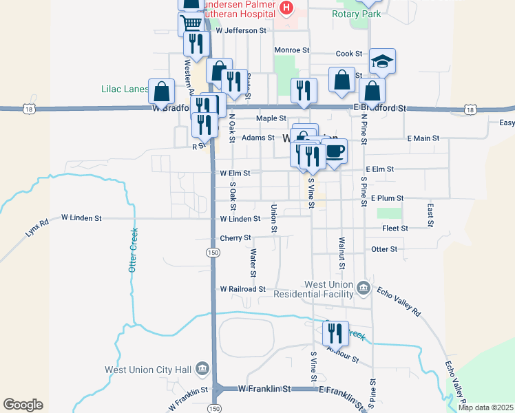 map of restaurants, bars, coffee shops, grocery stores, and more near 300-398 W Plum St in West Union
