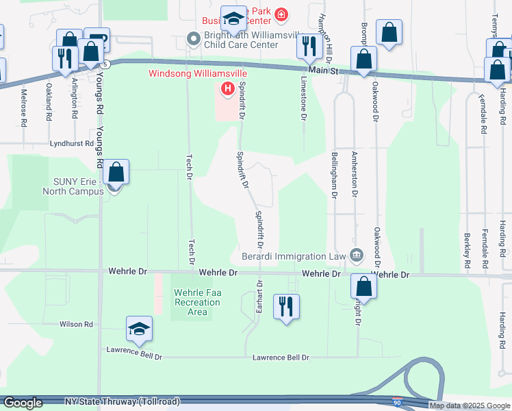map of restaurants, bars, coffee shops, grocery stores, and more near Spring Meadow Drive & Spindrift Drive in Buffalo