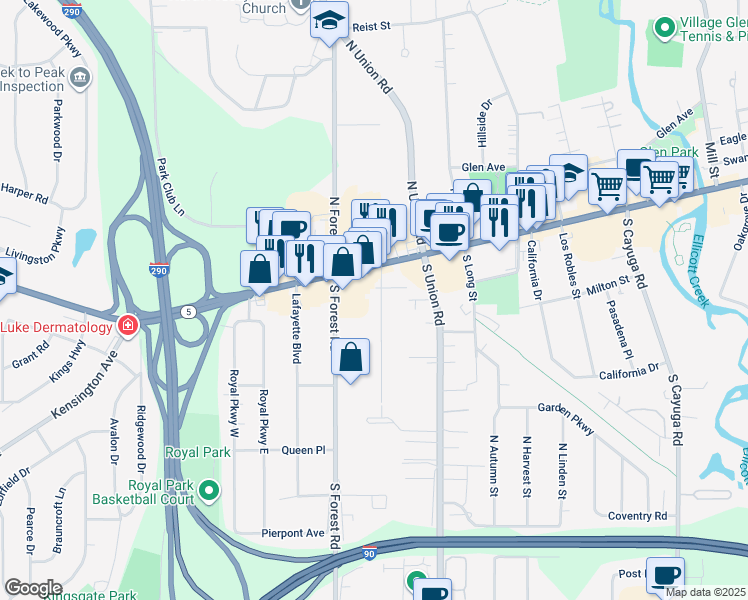map of restaurants, bars, coffee shops, grocery stores, and more near 37 Linwood Avenue in Williamsville