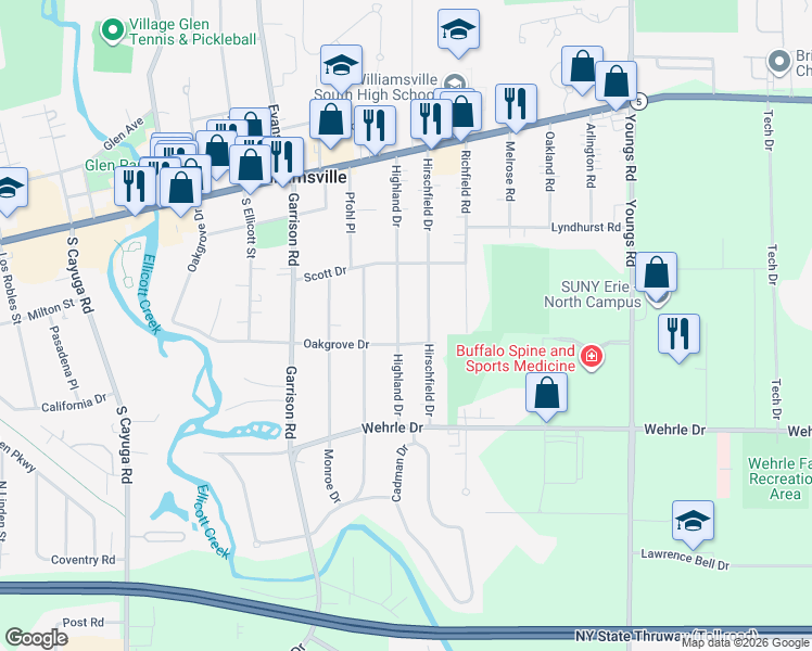 map of restaurants, bars, coffee shops, grocery stores, and more near 176 Highland Drive in Buffalo