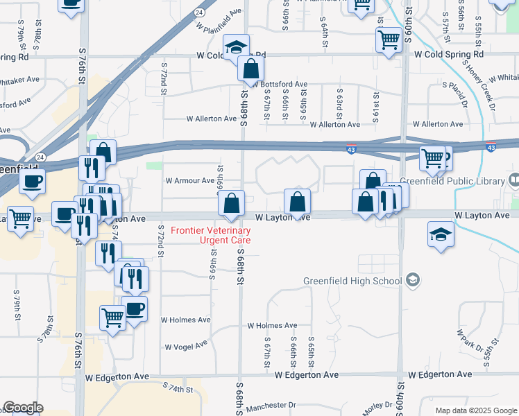map of restaurants, bars, coffee shops, grocery stores, and more near 6700 West Layton Avenue in Greenfield