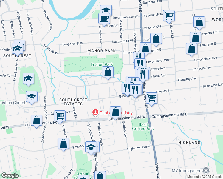 map of restaurants, bars, coffee shops, grocery stores, and more near 65 Base Line Road West in London