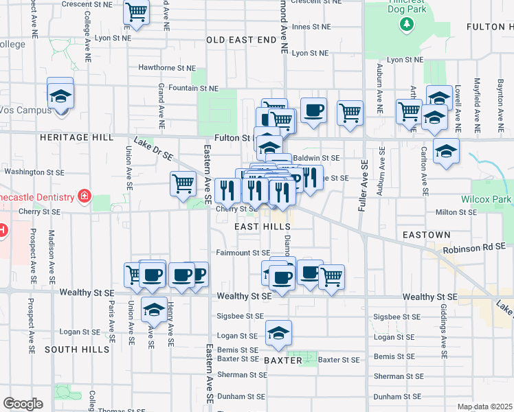 map of restaurants, bars, coffee shops, grocery stores, and more near 925 Cherry Street Southeast in Grand Rapids