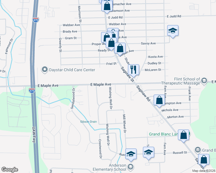 map of restaurants, bars, coffee shops, grocery stores, and more near 5010 Wishing Well Drive in Grand Blanc