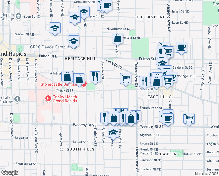 map of restaurants, bars, coffee shops, grocery stores, and more near 623 Cherry Street Southeast in Grand Rapids