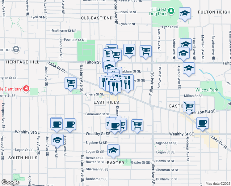 map of restaurants, bars, coffee shops, grocery stores, and more near 1005 Lake Drive Southeast in Grand Rapids