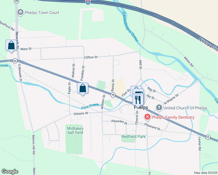 map of restaurants, bars, coffee shops, grocery stores, and more near 144 Main Street in Phelps
