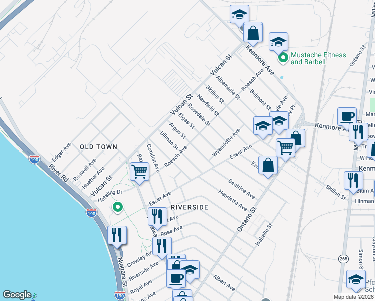 map of restaurants, bars, coffee shops, grocery stores, and more near 191 Roesch Avenue in Buffalo