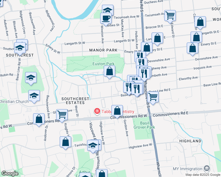 map of restaurants, bars, coffee shops, grocery stores, and more near 65 Base Line Road West in London
